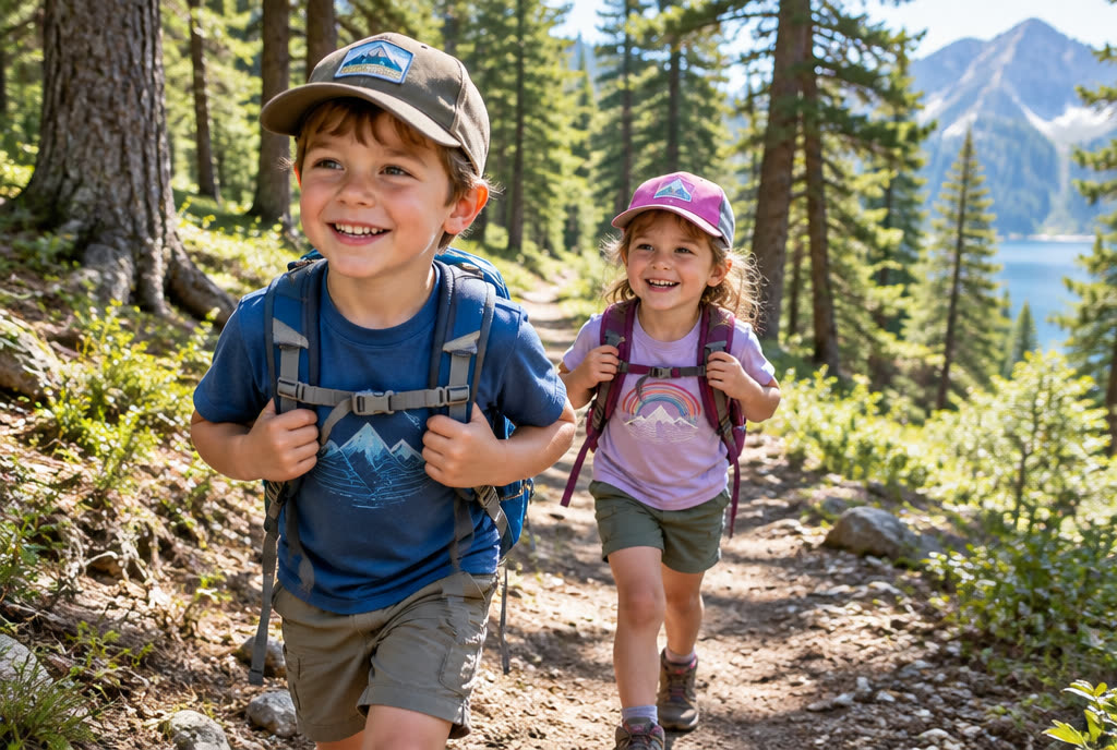 Two children hiking on a mountain trail