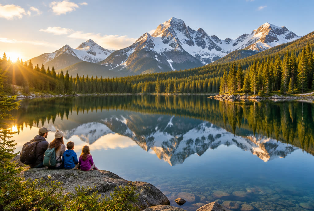 Family watching the sunset over a mountain lake