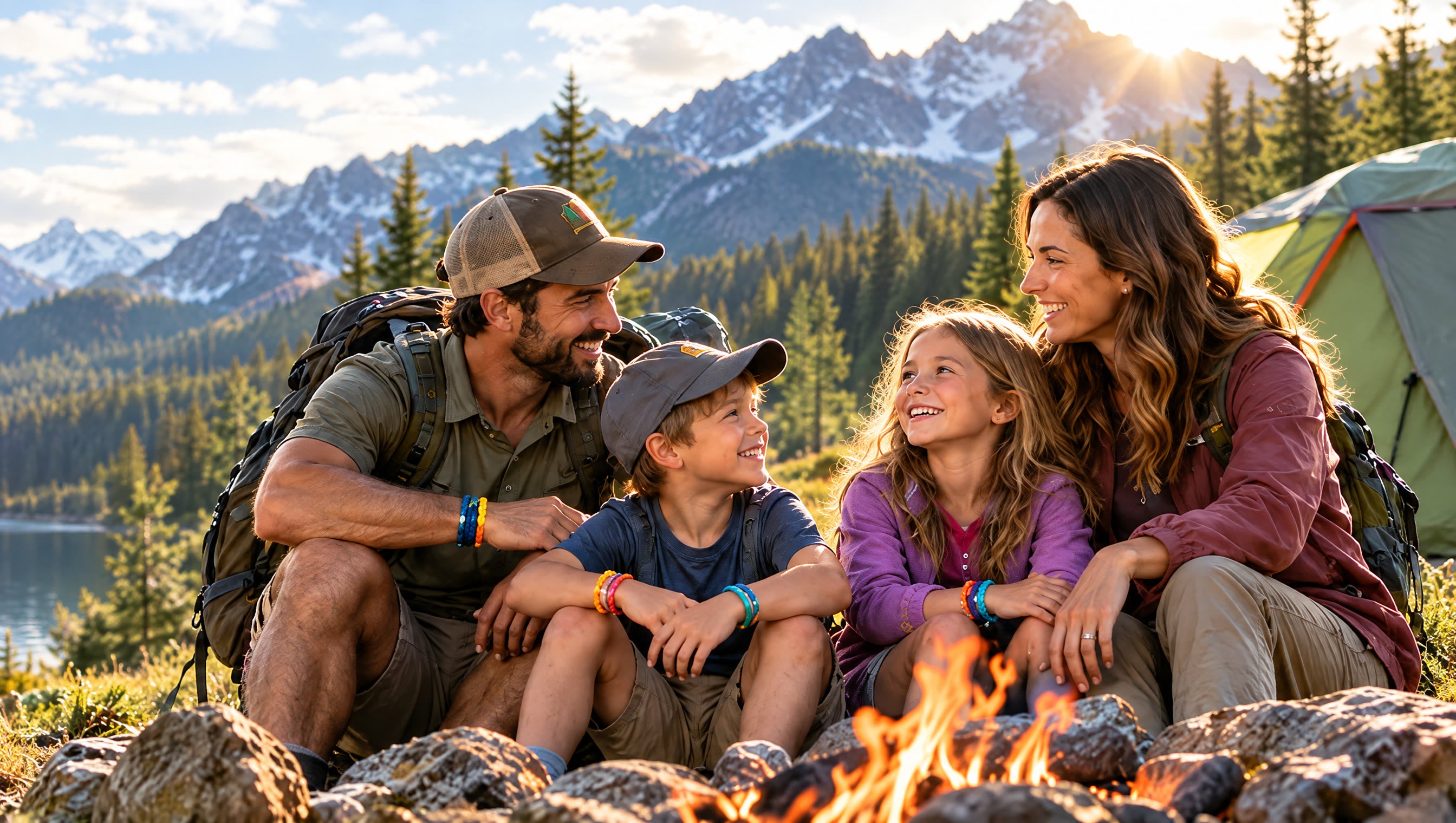 Family camping by a mountain lake at golden hour